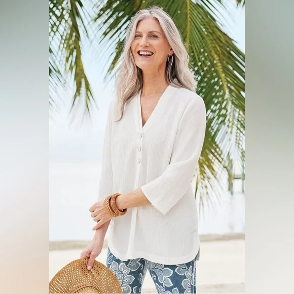 Soft Surroundings White Crinkle Wide Sleeve Top Size 3X - Picture 2 of 8